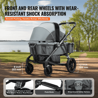 All-Terrain Stroller Wagon, 2 Seats Foldable Expedition 2-in-1 Collapsible Wagon Stroller, Includes Canopy, Parent Organizer, Snack Tray & Cup Holders, 55lbs for Single Seat, Dark Grey/Black