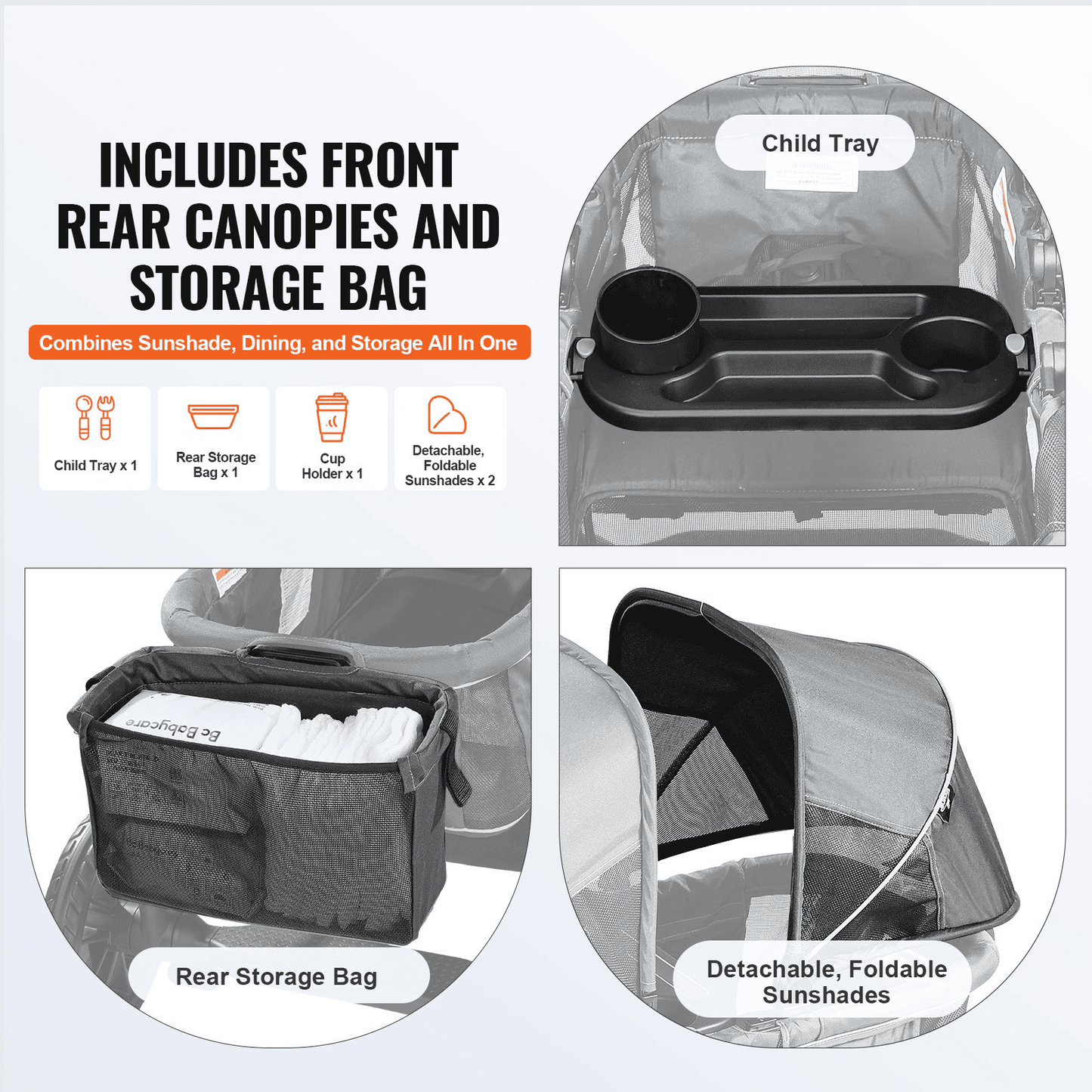 All-Terrain Stroller Wagon, 2 Seats Foldable Expedition 2-in-1 Collapsible Wagon Stroller, Includes Canopy, Parent Organizer, Snack Tray & Cup Holders, 55lbs for Single Seat, Dark Grey/Black