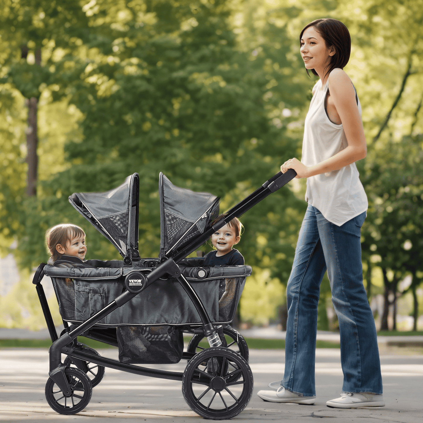 All-Terrain Stroller Wagon, 2 Seats Foldable Expedition 2-in-1 Collapsible Wagon Stroller, Includes Canopy, Parent Organizer, Snack Tray & Cup Holders, 55lbs for Single Seat, Dark Grey/Black