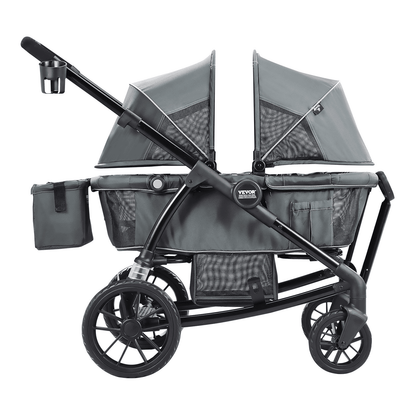 All-Terrain Stroller Wagon, 2 Seats Foldable Expedition 2-in-1 Collapsible Wagon Stroller, Includes Canopy, Parent Organizer, Snack Tray & Cup Holders, 55lbs for Single Seat, Dark Grey/Black