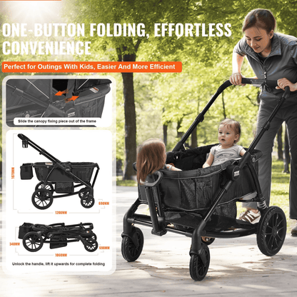 All-Terrain Stroller Wagon, 2 Seats Foldable Expedition 2-in-1 Collapsible Wagon Stroller, Includes Canopy, Parent Organizer, Snack Tray & Cup Holders, 55lbs for Single Seat, Black