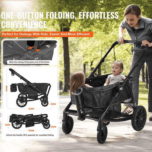 All-Terrain Stroller Wagon, 2 Seats Foldable Expedition 2-in-1 Collapsible Wagon Stroller, Includes Canopy, Parent Organizer, Snack Tray & Cup Holders, 55lbs for Single Seat, Black