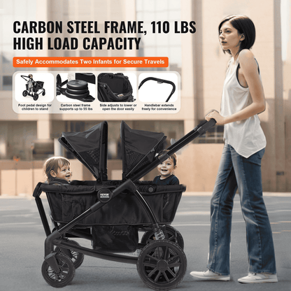 All-Terrain Stroller Wagon, 2 Seats Foldable Expedition 2-in-1 Collapsible Wagon Stroller, Includes Canopy, Parent Organizer, Snack Tray & Cup Holders, 55lbs for Single Seat, Black