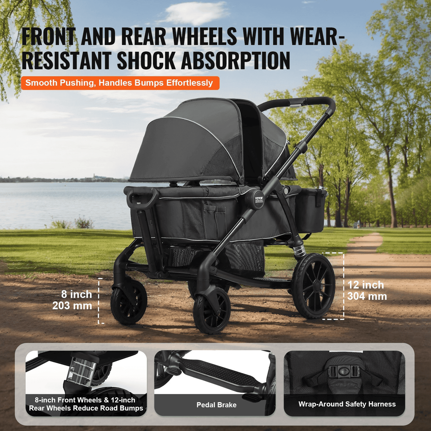 All-Terrain Stroller Wagon, 2 Seats Foldable Expedition 2-in-1 Collapsible Wagon Stroller, Includes Canopy, Parent Organizer, Snack Tray & Cup Holders, 55lbs for Single Seat, Black