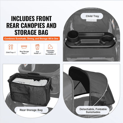 All-Terrain Stroller Wagon, 2 Seats Foldable Expedition 2-in-1 Collapsible Wagon Stroller, Includes Canopy, Parent Organizer, Snack Tray & Cup Holders, 55lbs for Single Seat, Black