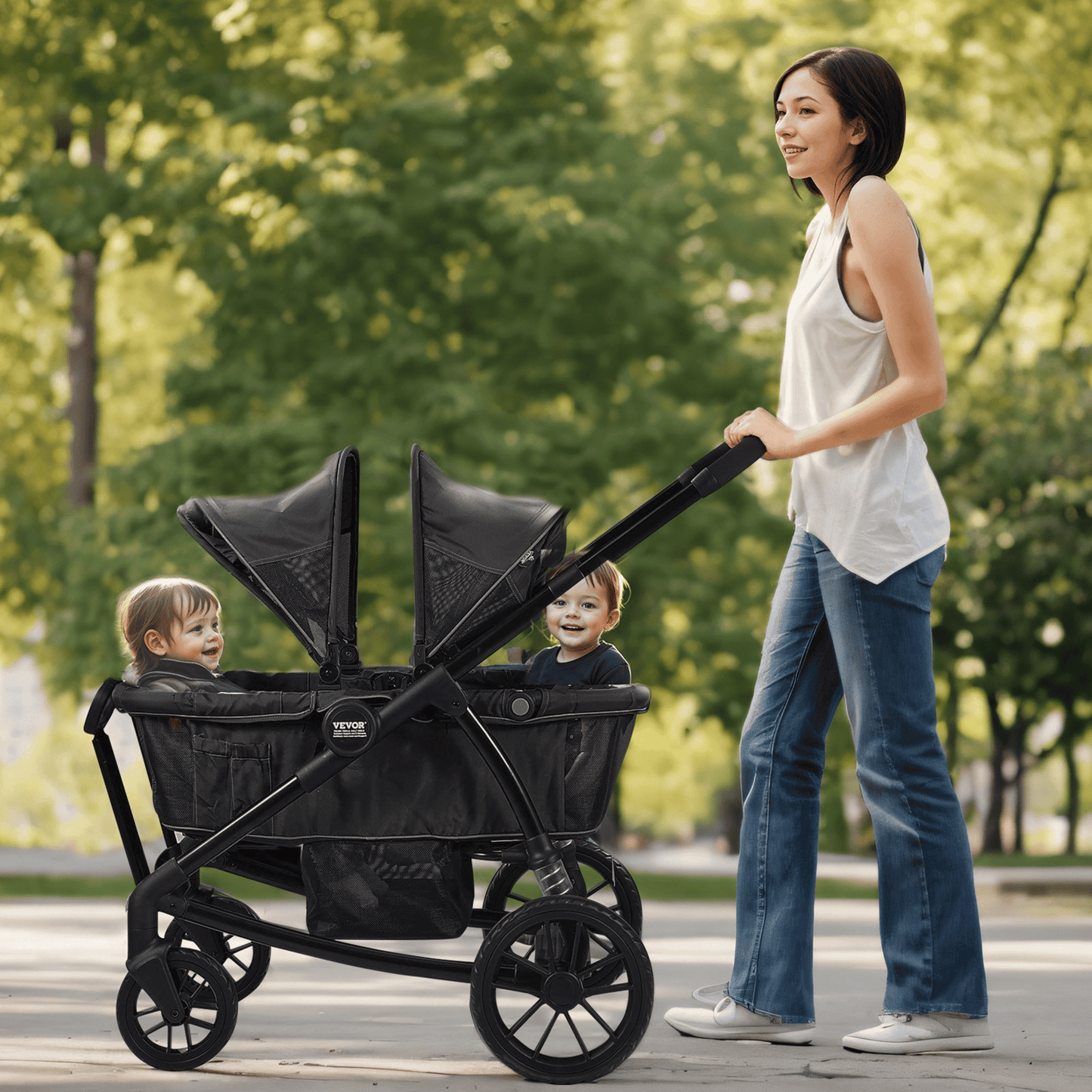 All-Terrain Stroller Wagon, 2 Seats Foldable Expedition 2-in-1 Collapsible Wagon Stroller, Includes Canopy, Parent Organizer, Snack Tray & Cup Holders, 55lbs for Single Seat, Black