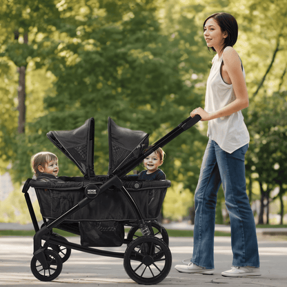 All-Terrain Stroller Wagon, 2 Seats Foldable Expedition 2-in-1 Collapsible Wagon Stroller, Includes Canopy, Parent Organizer, Snack Tray & Cup Holders, 55lbs for Single Seat, Black