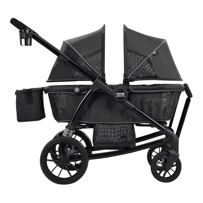 All-Terrain Stroller Wagon, 2 Seats Foldable Expedition 2-in-1 Collapsible Wagon Stroller, Includes Canopy, Parent Organizer, Snack Tray & Cup Holders, 55lbs for Single Seat, Black