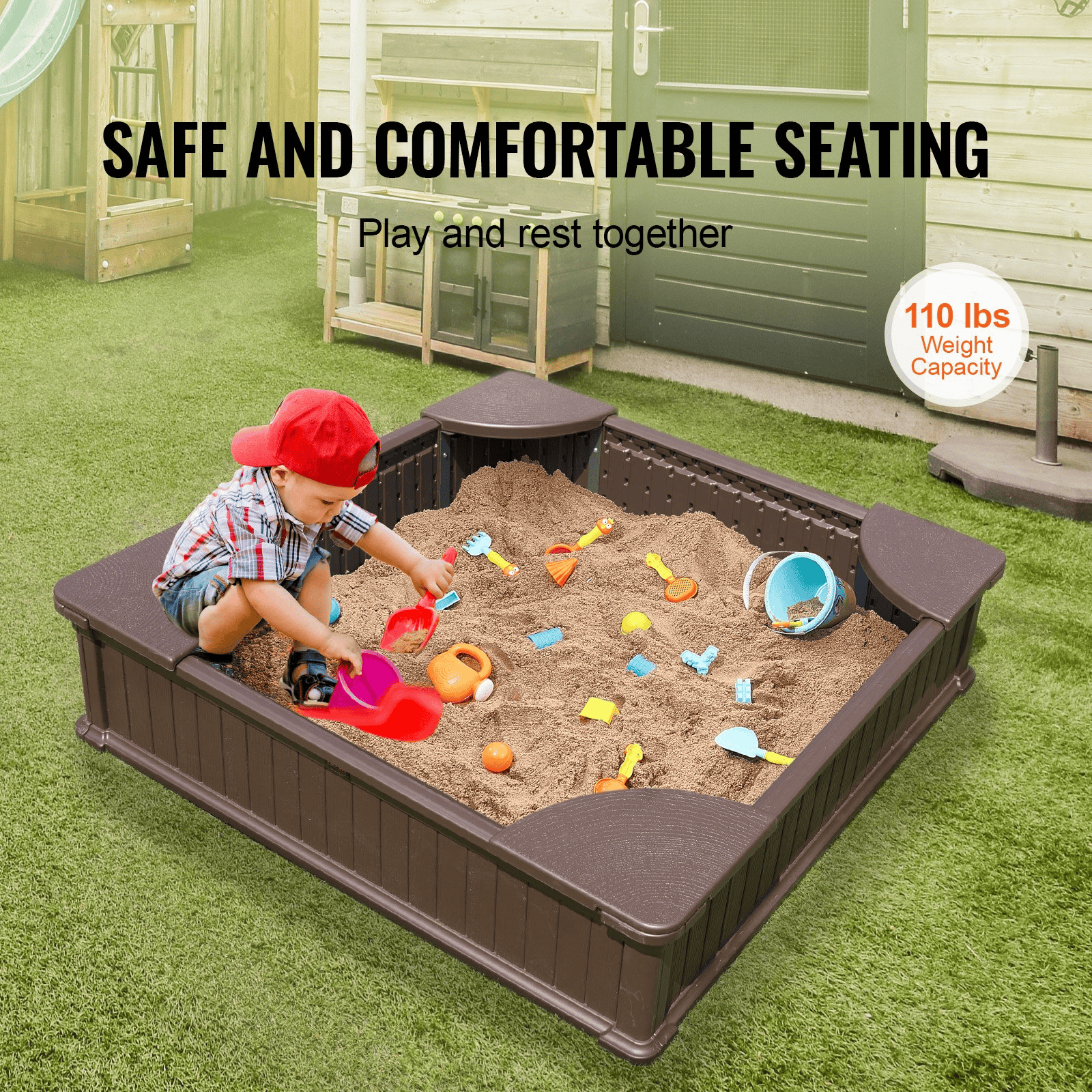 VEVOR Sandbox with Cover, 48.6x48.6x12.4 in Square Sand Box, HDPE Sand Pit with 4 Corner Seating and Bottom Liner, Kids Sandbox for Outdoor Backyard, Beach, Park, Gift for Boys Girls Ages 3-12, Brown