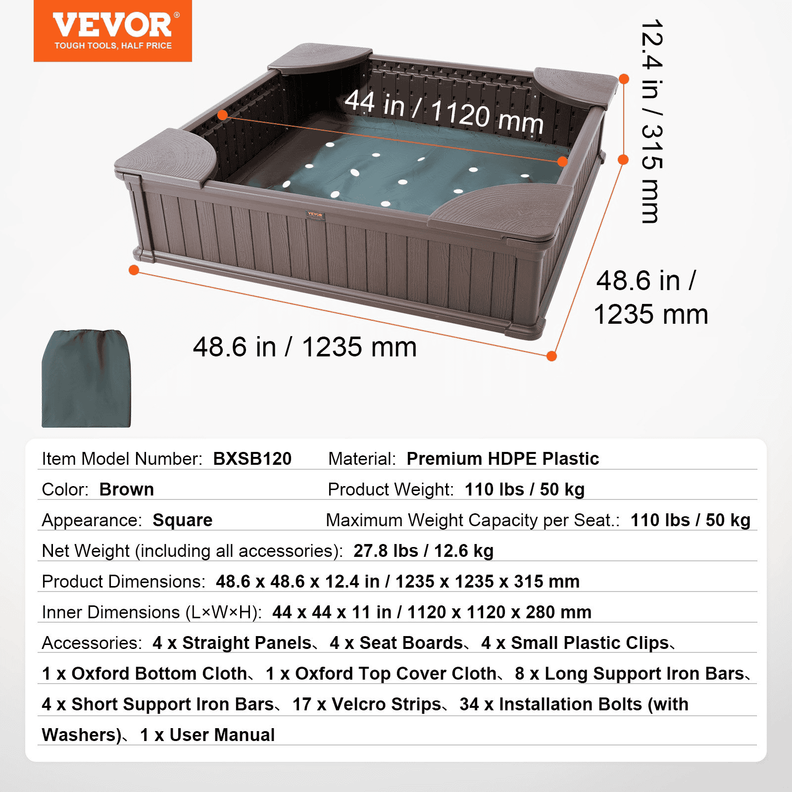 VEVOR Sandbox with Cover, 48.6x48.6x12.4 in Square Sand Box, HDPE Sand Pit with 4 Corner Seating and Bottom Liner, Kids Sandbox for Outdoor Backyard, Beach, Park, Gift for Boys Girls Ages 3-12, Brown