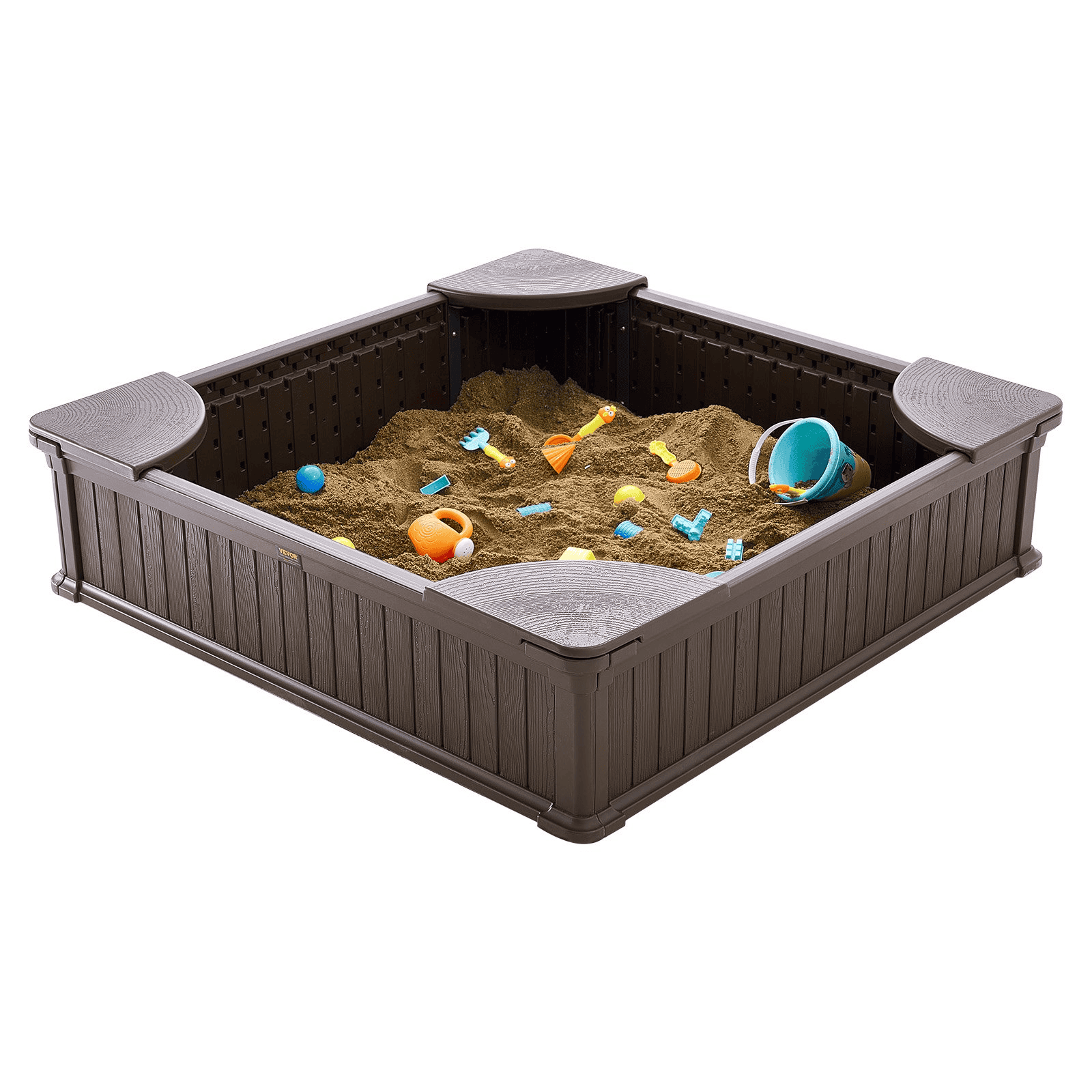 VEVOR Sandbox with Cover, 48.6x48.6x12.4 in Square Sand Box, HDPE Sand Pit with 4 Corner Seating and Bottom Liner, Kids Sandbox for Outdoor Backyard, Beach, Park, Gift for Boys Girls Ages 3-12, Brown