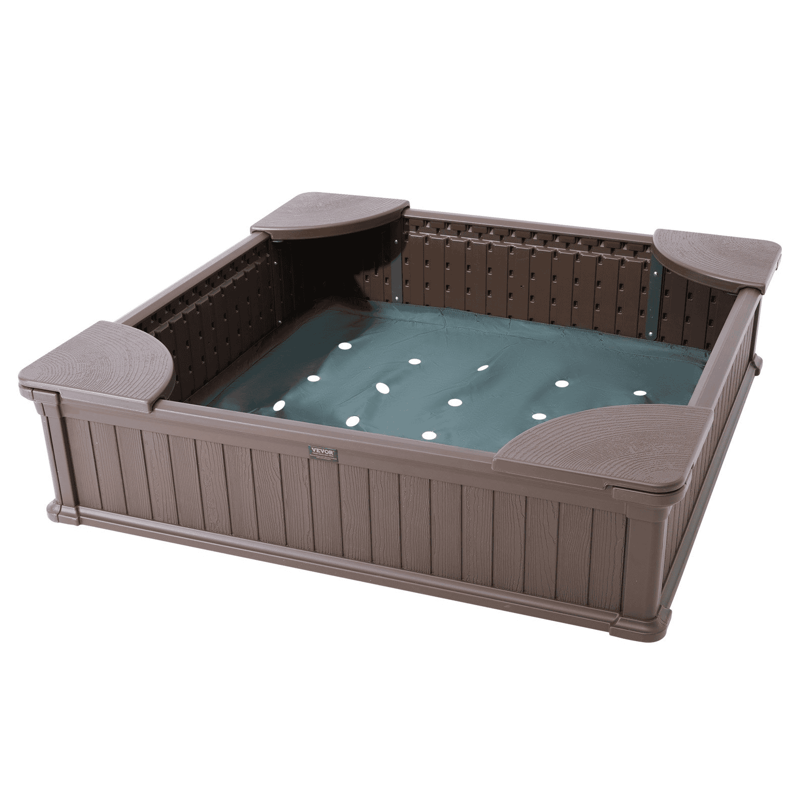 VEVOR Sandbox with Cover, 48.6x48.6x12.4 in Square Sand Box, HDPE Sand Pit with 4 Corner Seating and Bottom Liner, Kids Sandbox for Outdoor Backyard, Beach, Park, Gift for Boys Girls Ages 3-12, Brown