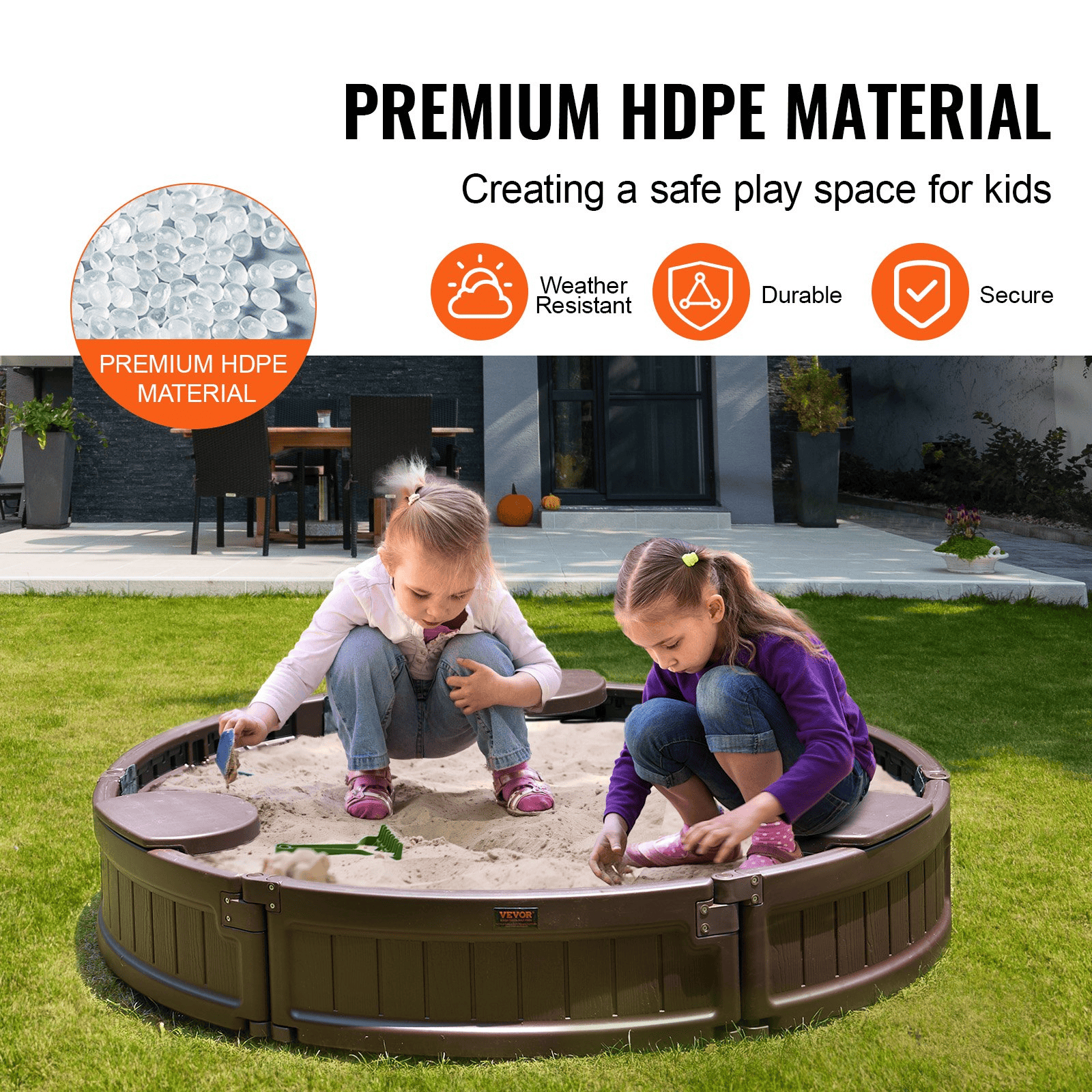 VEVOR Sandbox with Cover, 47.2 x 9.1 in Round Sand Box, HDPE Sand Pit with 3 Corner Seating and Bottom Liner, Kids Sandbox for Outdoor Backyard, Beach, Park, Gift for Boys Girls Ages 3-12, Brown