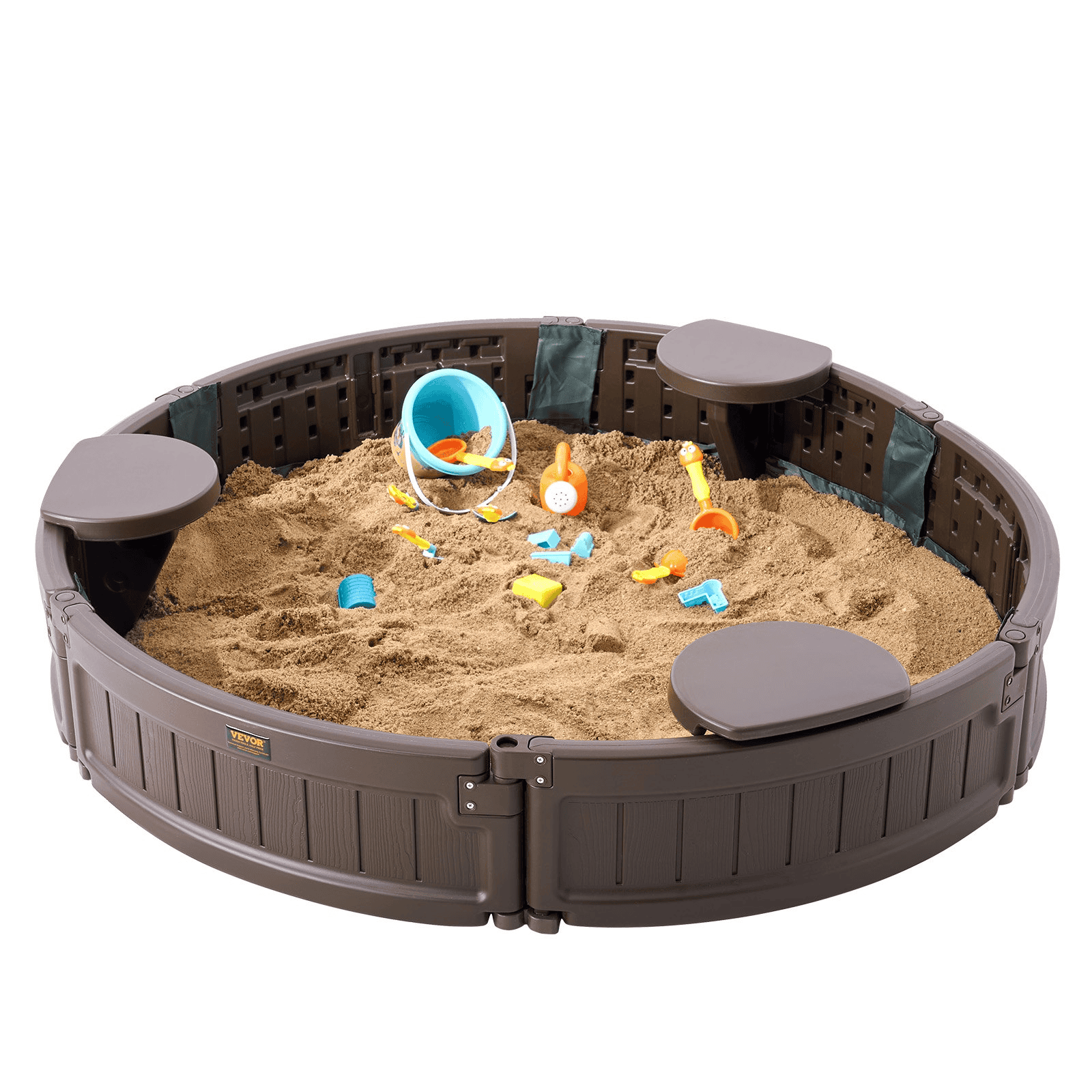 VEVOR Sandbox with Cover, 47.2 x 9.1 in Round Sand Box, HDPE Sand Pit with 3 Corner Seating and Bottom Liner, Kids Sandbox for Outdoor Backyard, Beach, Park, Gift for Boys Girls Ages 3-12, Brown