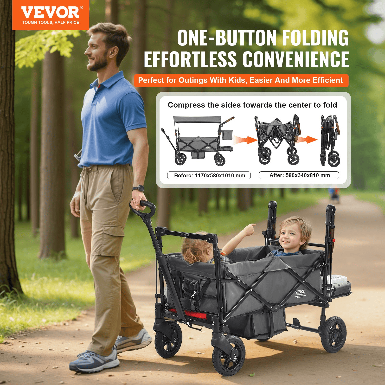 Wagon Stroller for 2 Kids, Push Pull Quad Collapsible Stroller with Adjustable Handle, Encircling Harness Removable Canopy, 4 Wheels w/ Brakes, Mutifunction Tandem Stroller for Camping Dark Grey