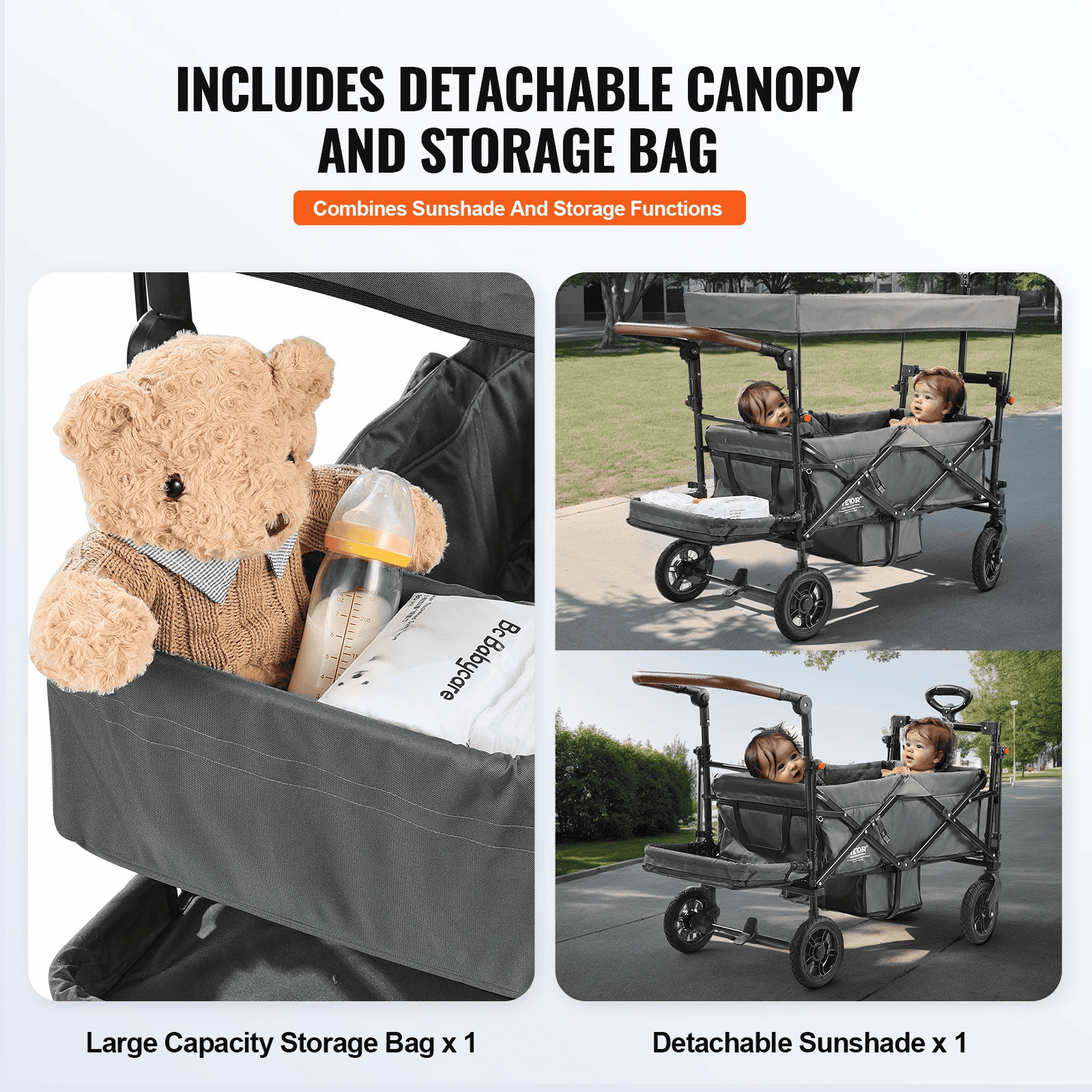 Wagon Stroller for 2 Kids, Push Pull Quad Collapsible Stroller with Adjustable Handle, Encircling Harness Removable Canopy, 4 Wheels w/ Brakes, Mutifunction Tandem Stroller for Camping Dark Grey