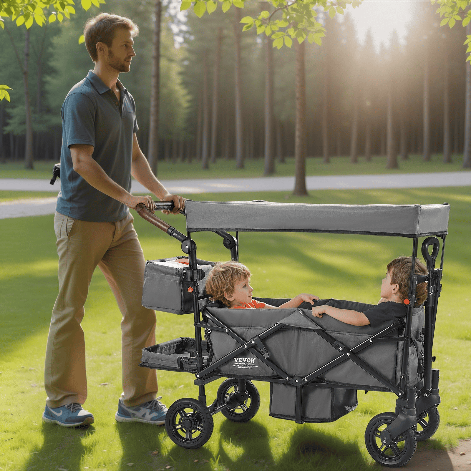 Wagon Stroller for 2 Kids, Push Pull Quad Collapsible Stroller with Adjustable Handle, Encircling Harness Removable Canopy, 4 Wheels w/ Brakes, Mutifunction Tandem Stroller for Camping Dark Grey