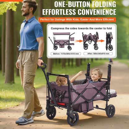 Wagon Stroller for 2 Kids, Push Pull Quad Collapsible Stroller with Adjustable Handle, Encircling Harness Removable Canopy,4 Wheels w/ Brakes,Mutifunction Tandem Stroller for Camping Dark Purple