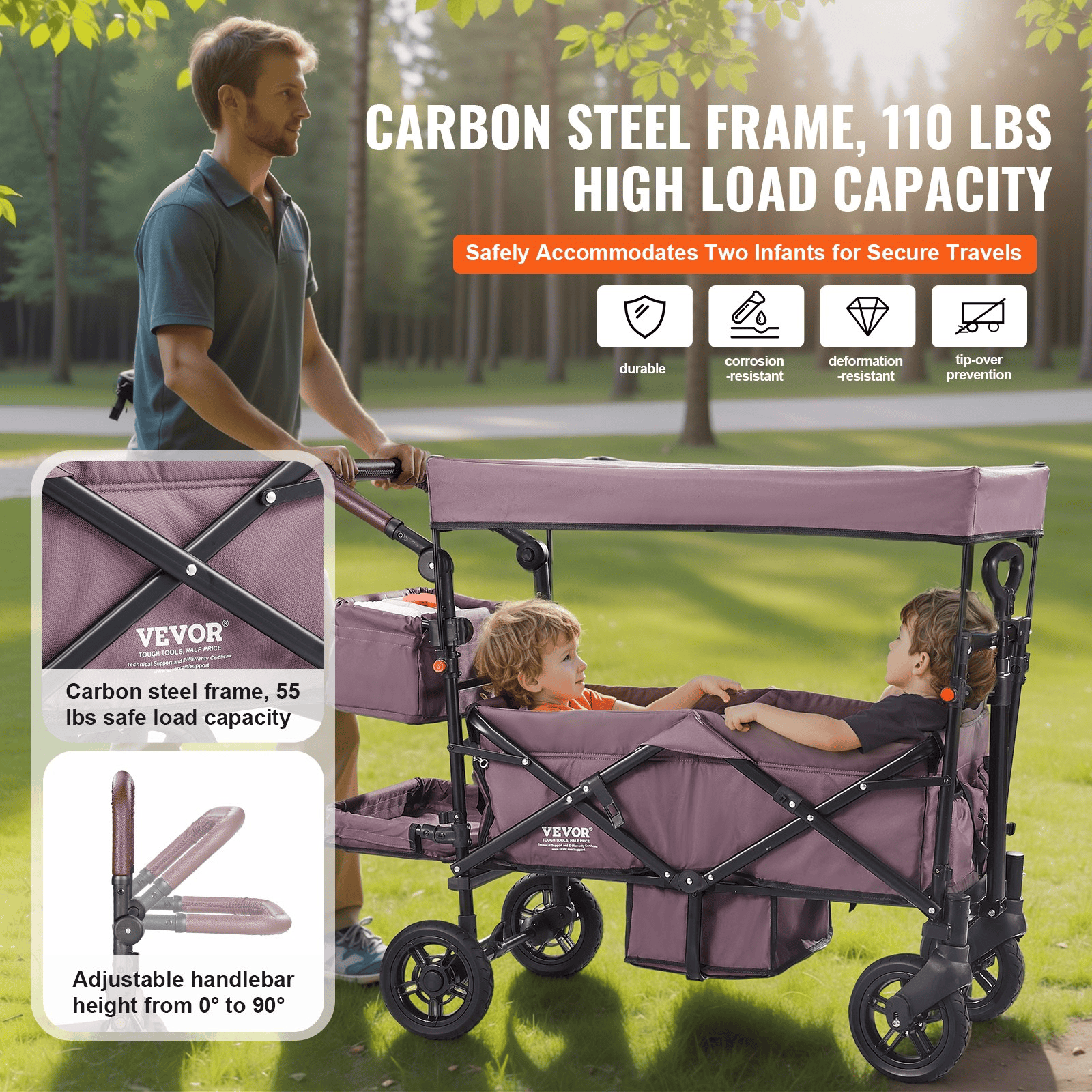 Wagon Stroller for 2 Kids, Push Pull Quad Collapsible Stroller with Adjustable Handle, Encircling Harness Removable Canopy,4 Wheels w/ Brakes,Mutifunction Tandem Stroller for Camping Dark Purple