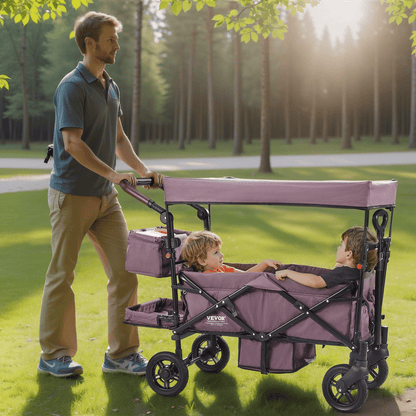 Wagon Stroller for 2 Kids, Push Pull Quad Collapsible Stroller with Adjustable Handle, Encircling Harness Removable Canopy,4 Wheels w/ Brakes,Mutifunction Tandem Stroller for Camping Dark Purple