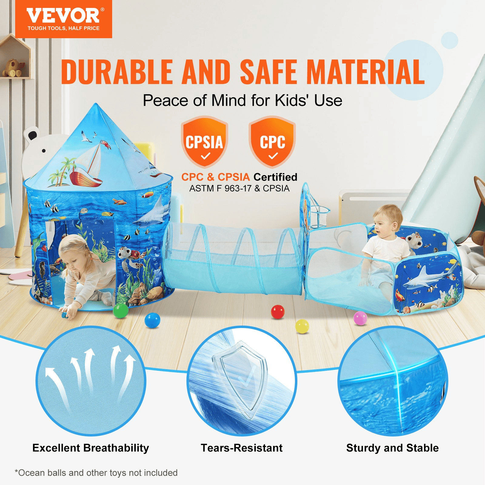 VEVOR 3-in-1 Kids Adventure Play Tent – Tunnel, Basketball Hoop & Ball Pit | Indoor & Outdoor Pop-Up Fun for Toddlers, Boys & Girls, Blue Ocean