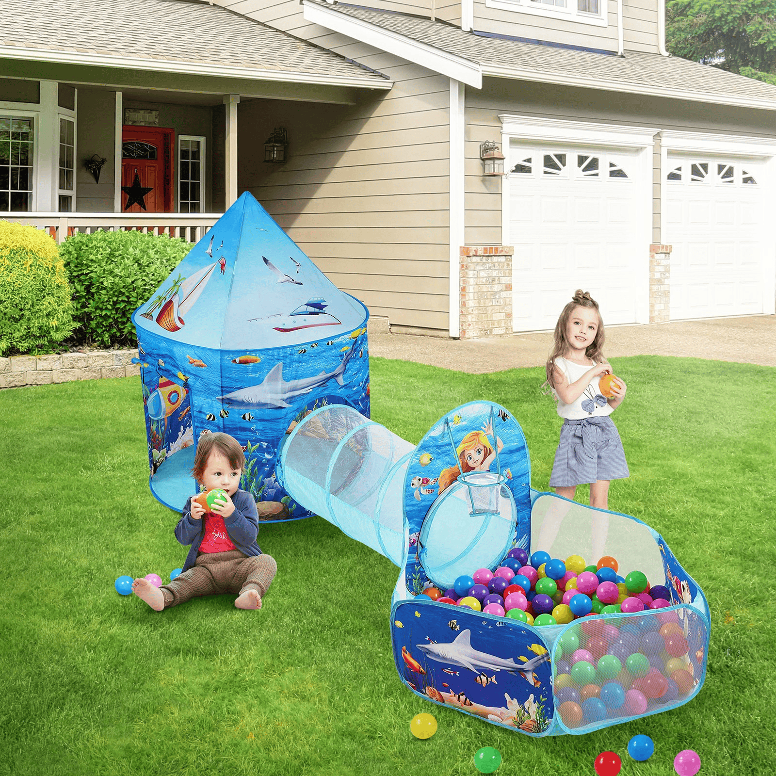 VEVOR 3-in-1 Kids Adventure Play Tent – Tunnel, Basketball Hoop & Ball Pit | Indoor & Outdoor Pop-Up Fun for Toddlers, Boys & Girls, Blue Ocean