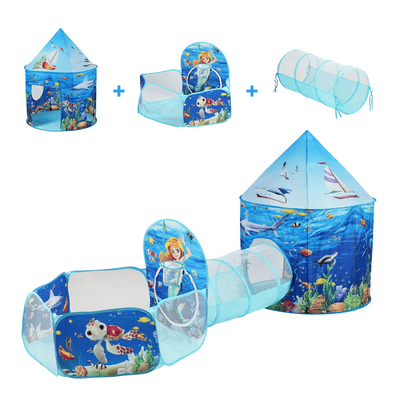 VEVOR 3-in-1 Kids Adventure Play Tent – Tunnel, Basketball Hoop & Ball Pit | Indoor & Outdoor Pop-Up Fun for Toddlers, Boys & Girls, Blue Ocean