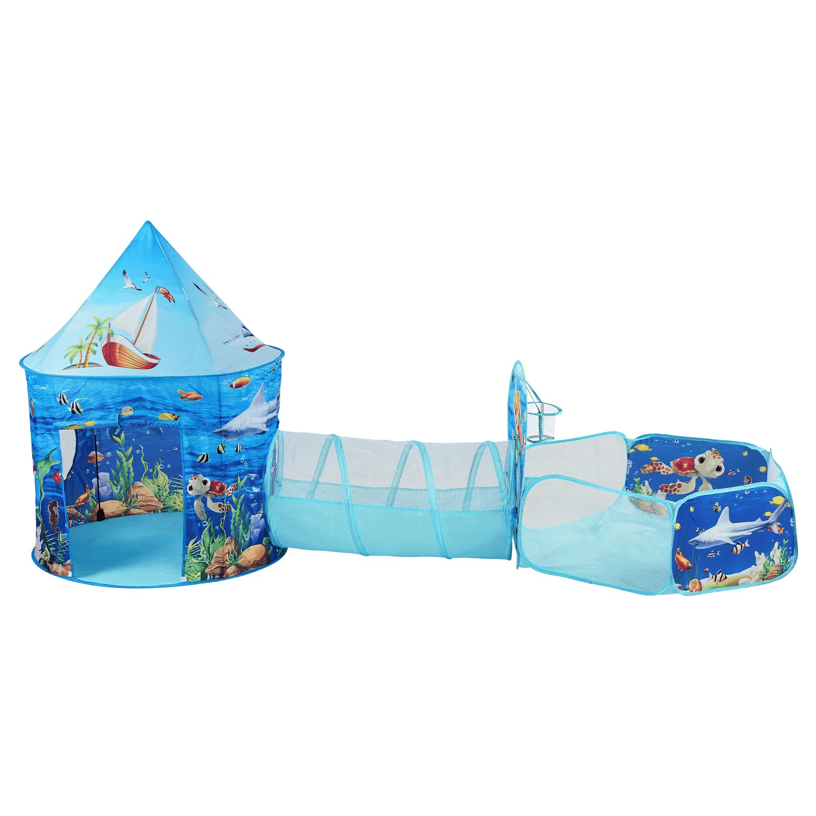 VEVOR 3-in-1 Kids Adventure Play Tent – Tunnel, Basketball Hoop & Ball Pit | Indoor & Outdoor Pop-Up Fun for Toddlers, Boys & Girls, Blue Ocean