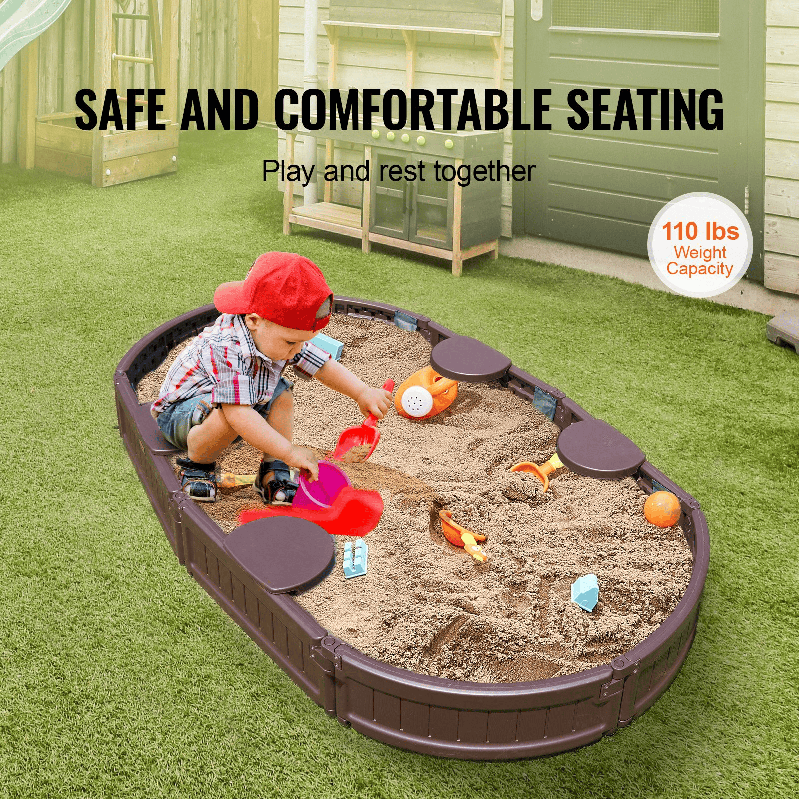 VEVOR Sandbox with Cover, 72 x 41.5 x 9.1 in Oval Sand Box, HDPE Sand Pit with 4 Corner Seating and Bottom Liner, Kids Sandbox for Outdoor Backyard, Beach, Park, Gift for Boys Girls Ages 3-12, Brown