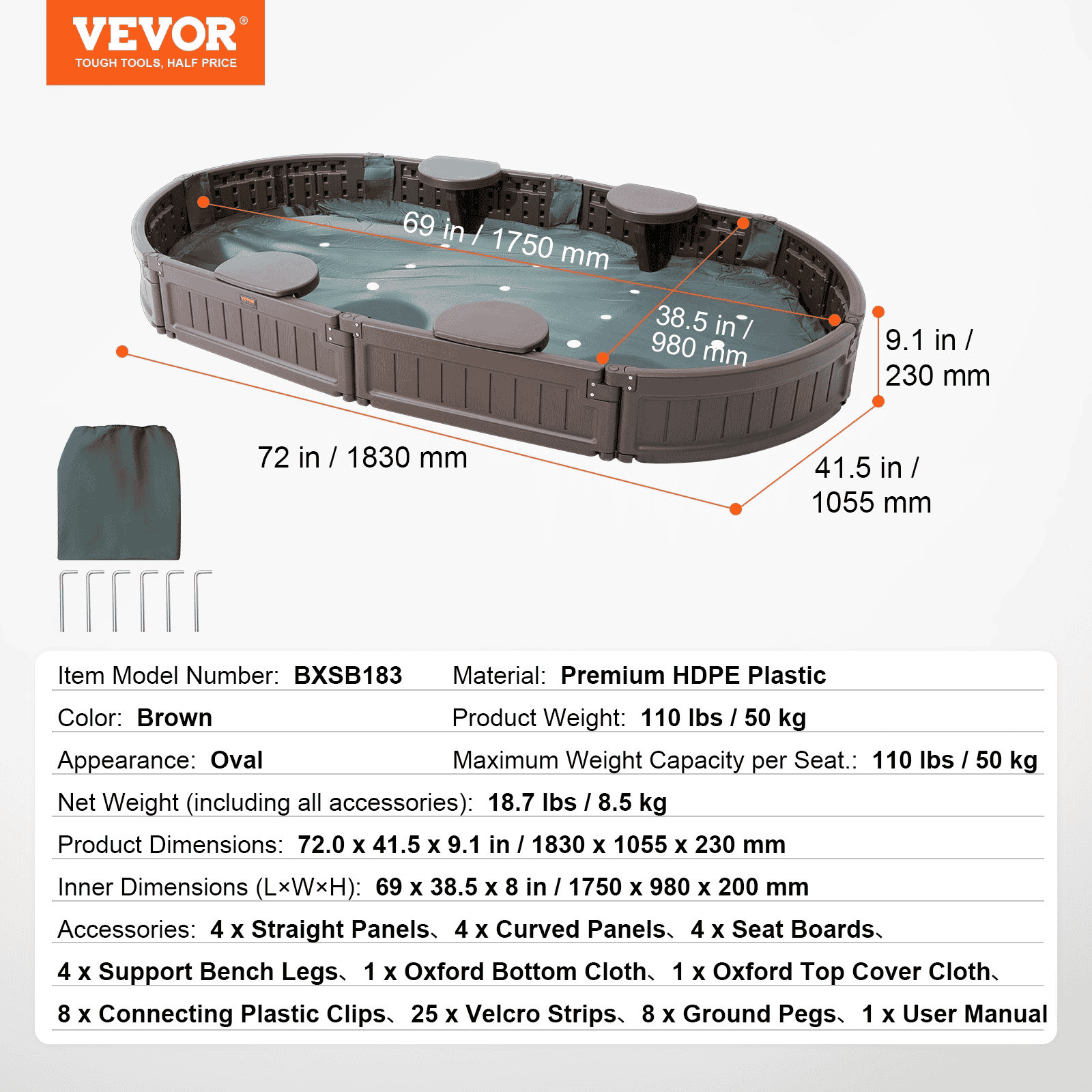 VEVOR Sandbox with Cover, 72 x 41.5 x 9.1 in Oval Sand Box, HDPE Sand Pit with 4 Corner Seating and Bottom Liner, Kids Sandbox for Outdoor Backyard, Beach, Park, Gift for Boys Girls Ages 3-12, Brown