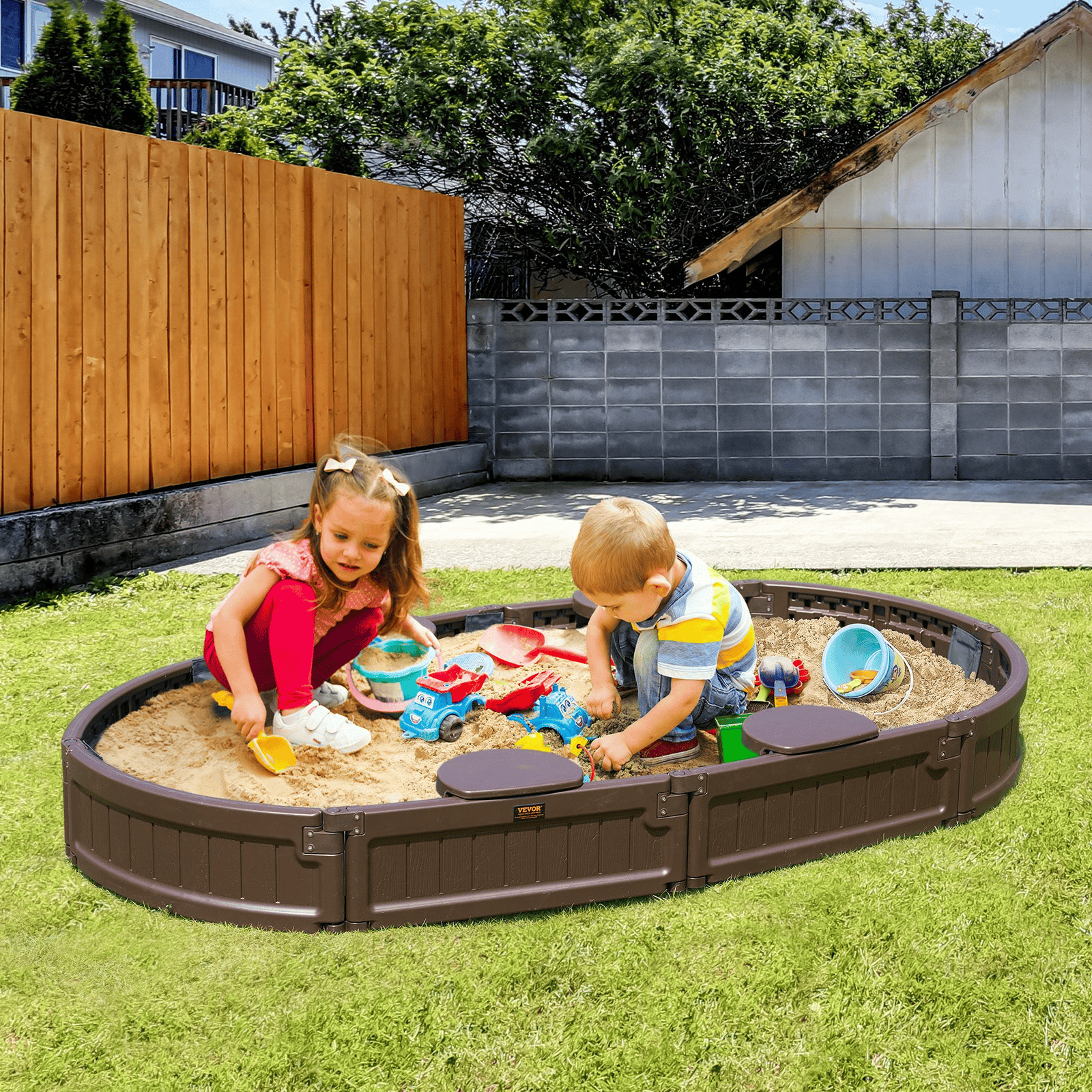 VEVOR Sandbox with Cover, 72 x 41.5 x 9.1 in Oval Sand Box, HDPE Sand Pit with 4 Corner Seating and Bottom Liner, Kids Sandbox for Outdoor Backyard, Beach, Park, Gift for Boys Girls Ages 3-12, Brown