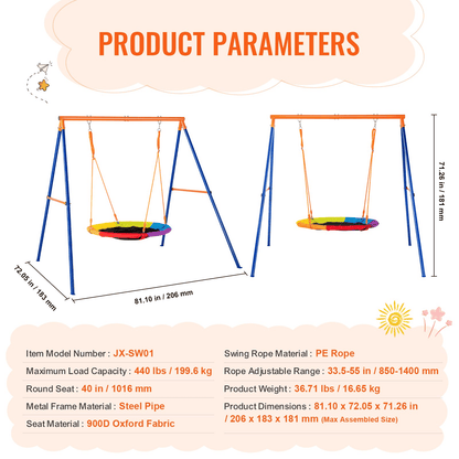 VEVOR Swing Sets for Backyard 40in Saucer Swing Seat A-Frame Metal Stand 440lbs