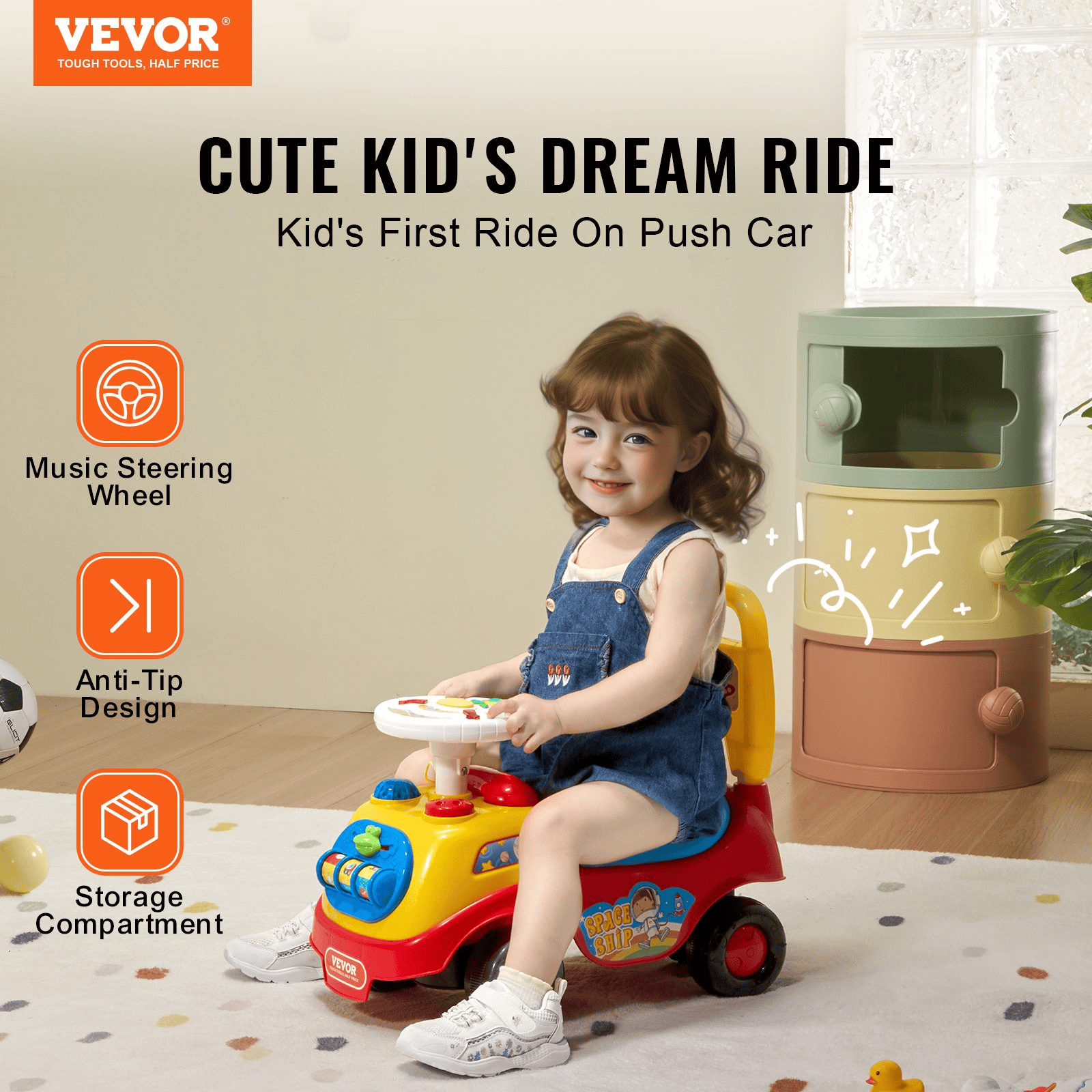 VEVOR Ride On Push Car for Toddlers, Ages 1-3, Ride Racer, Sit to Stand Toddler Ride On Toy, Classic Kids Ride On Car with Music Steering Wheel, Horn & Under Seat Storage, Ride On Toy for Boys Girls