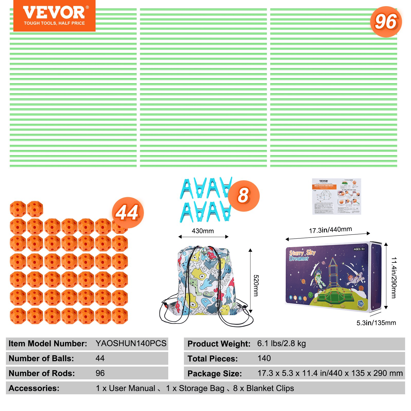 VEVOR Tent Fort Building Kit for Kid Glow In The Dark STEM Construction Toy 140P