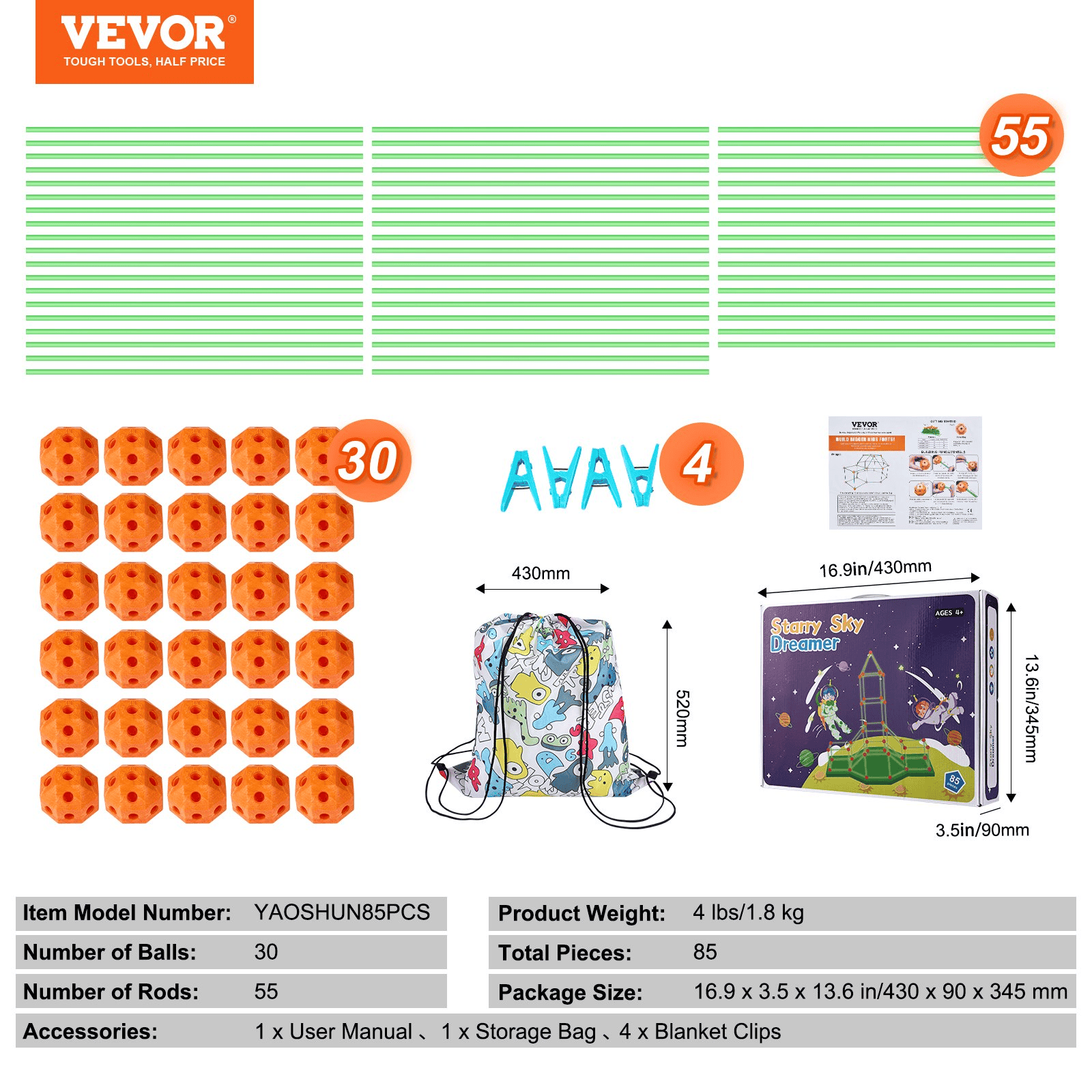 VEVOR Tent Fort Building Kit for Kids Glow In The Dark STEM Construction Toy 85P