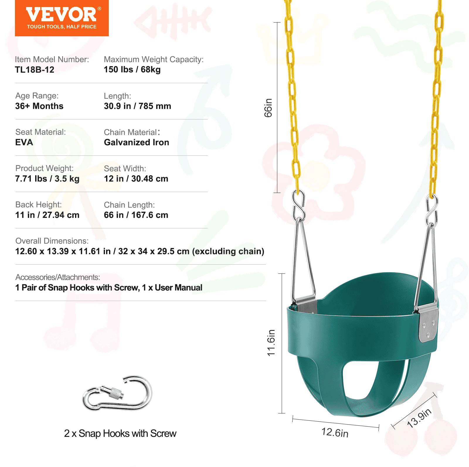 VEVOR Toddler Swing Seat High Back Full Bucket Baby Swing Seat Support 150 lbs