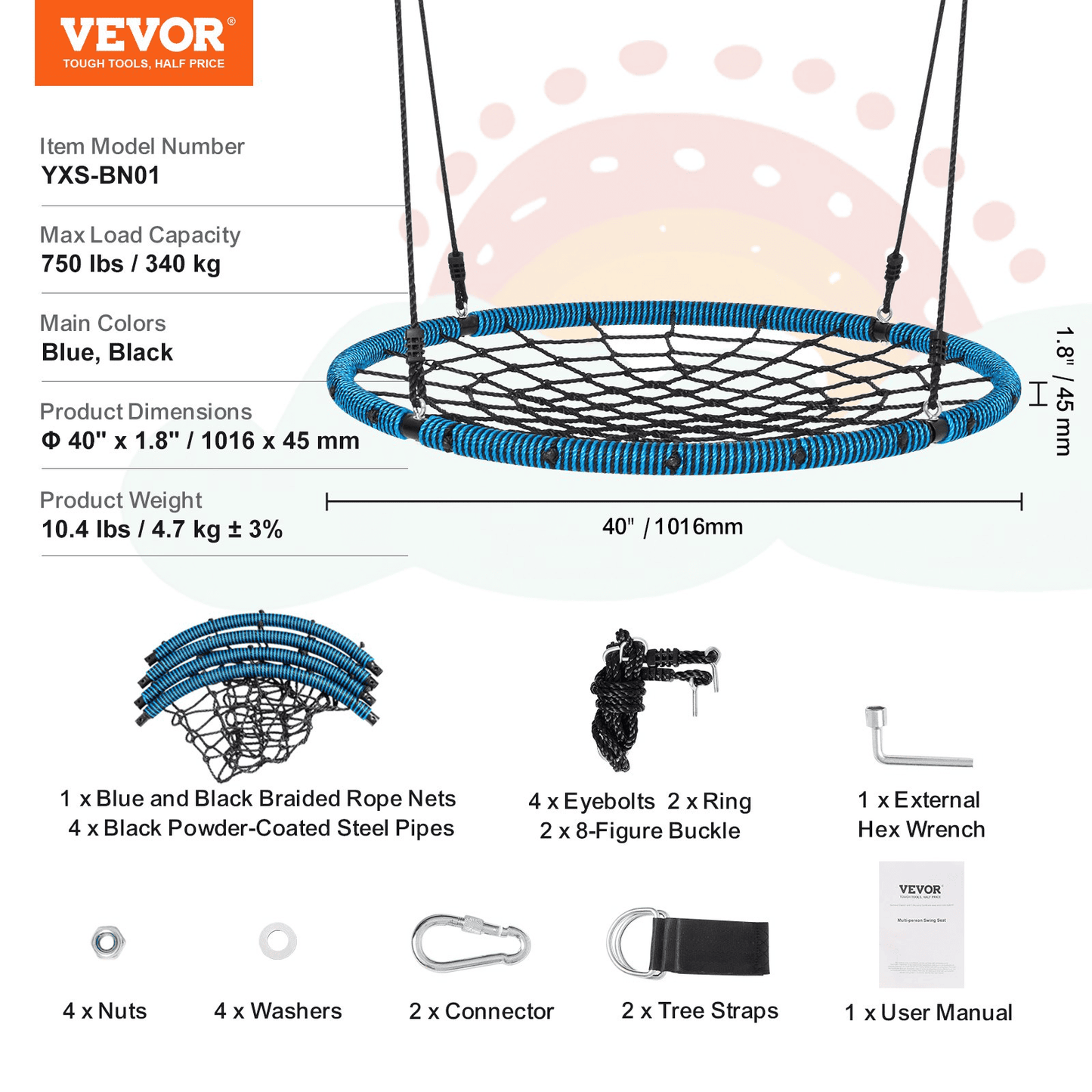 VEVOR Spider Web Saucer Swing 40 Inch Round Swings for Kids Outdoor 750 lbs