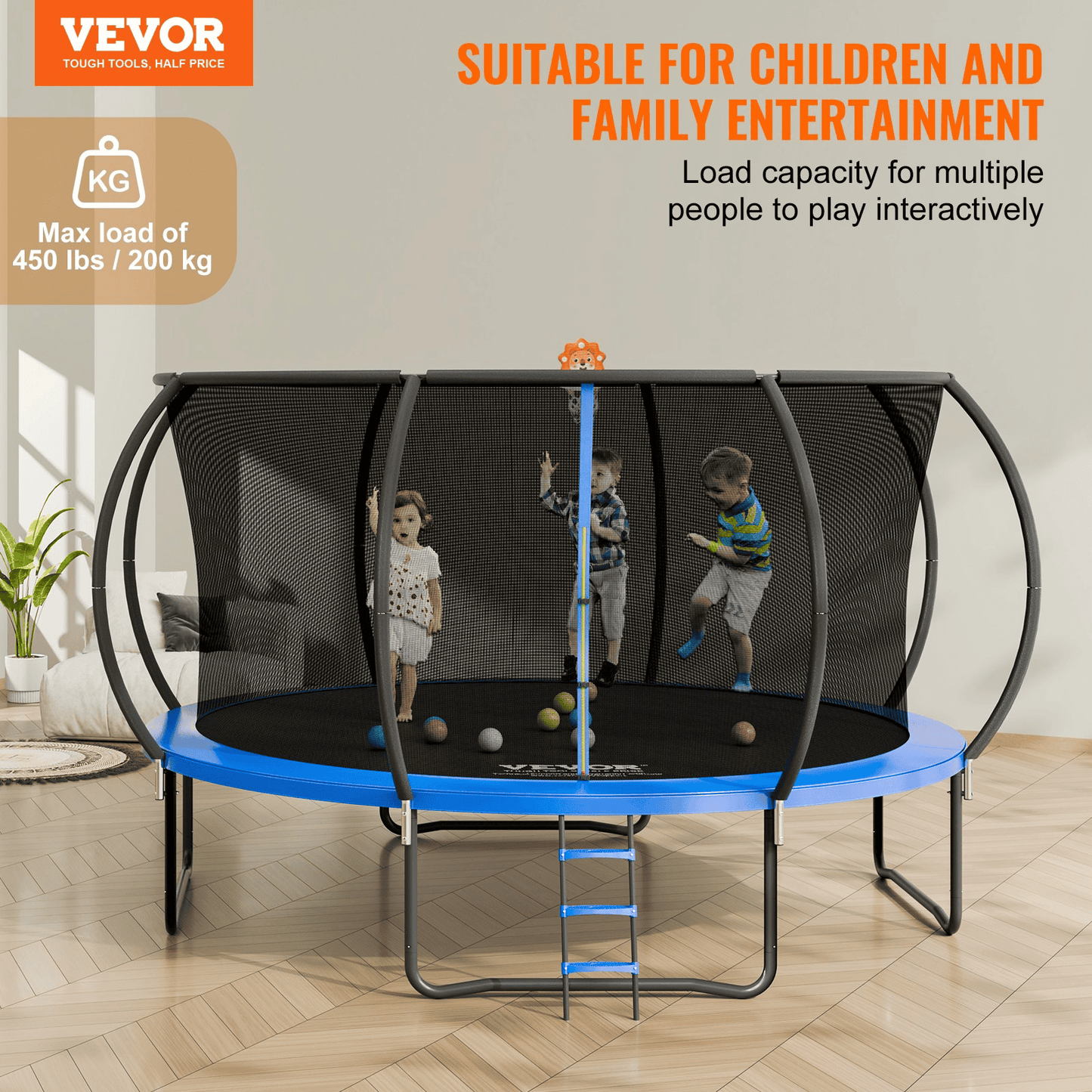 VEVOR 14FT Trampoline, 450 lbs Trampoline with Enclosure Net, Ladder, and Curved Pole, Heavy Duty Trampoline with Jumping Mat and Spring Cover Padding, Outdoor Recreational Trampolines for Kids Adults