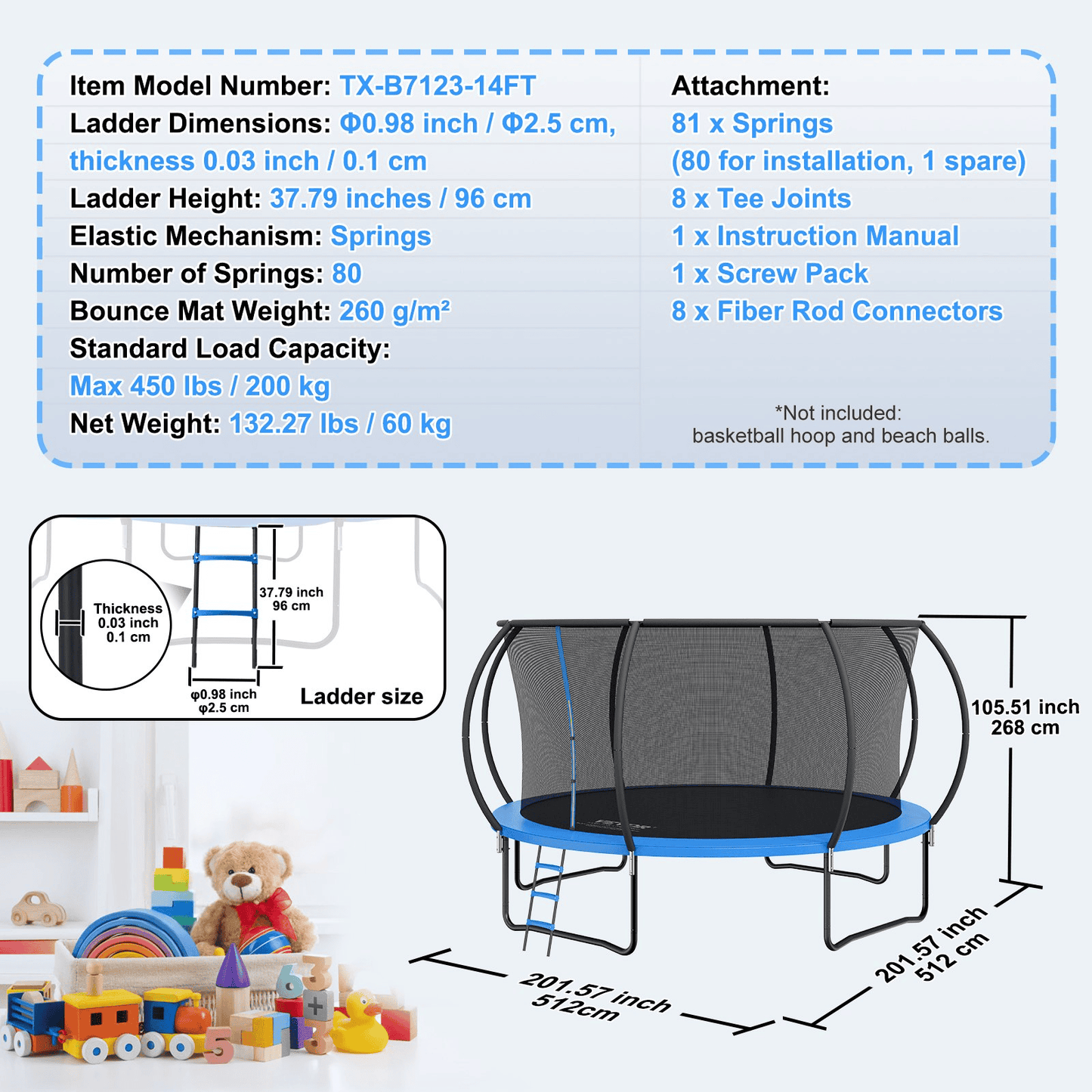 VEVOR 14FT Trampoline, 450 lbs Trampoline with Enclosure Net, Ladder, and Curved Pole, Heavy Duty Trampoline with Jumping Mat and Spring Cover Padding, Outdoor Recreational Trampolines for Kids Adults