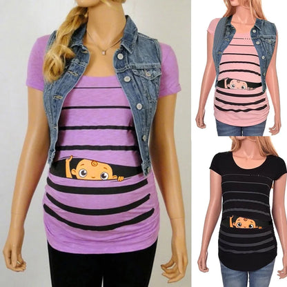 Sweet Cartoon Striped Maternity Summer T-shirt