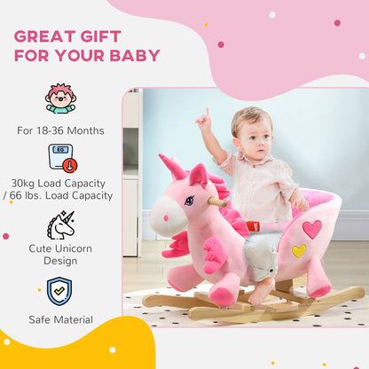 Qaba Baby Rocking Horse, Ride on Unicorn with 32 Songs, Toddler Rocker Toy with Wooden Base Seat Safety Belt for 1.5-3 Year Old, Pink