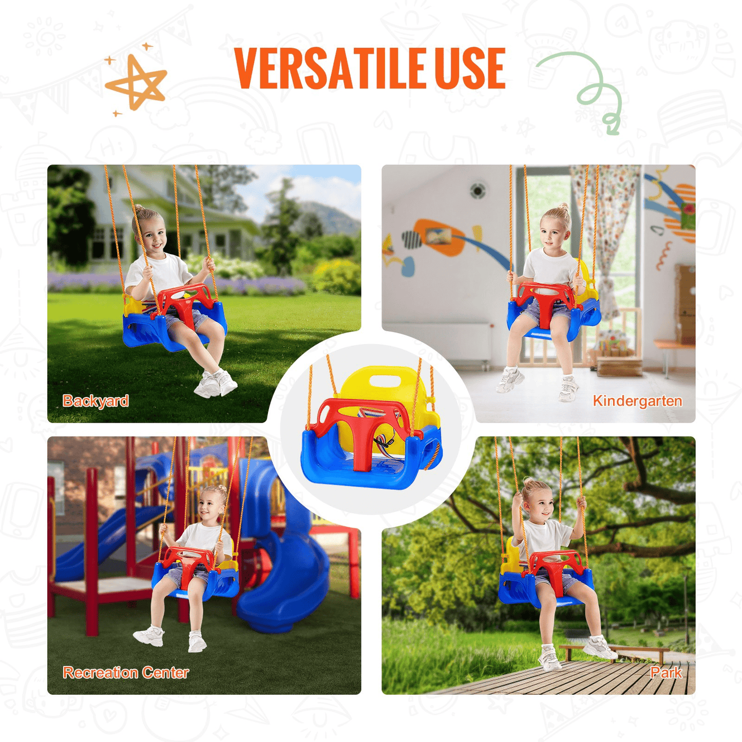 VEVOR 3-in-1 Toddler Swing Seat Baby Swing Seat with Adjustable Ropes Snap Hooks