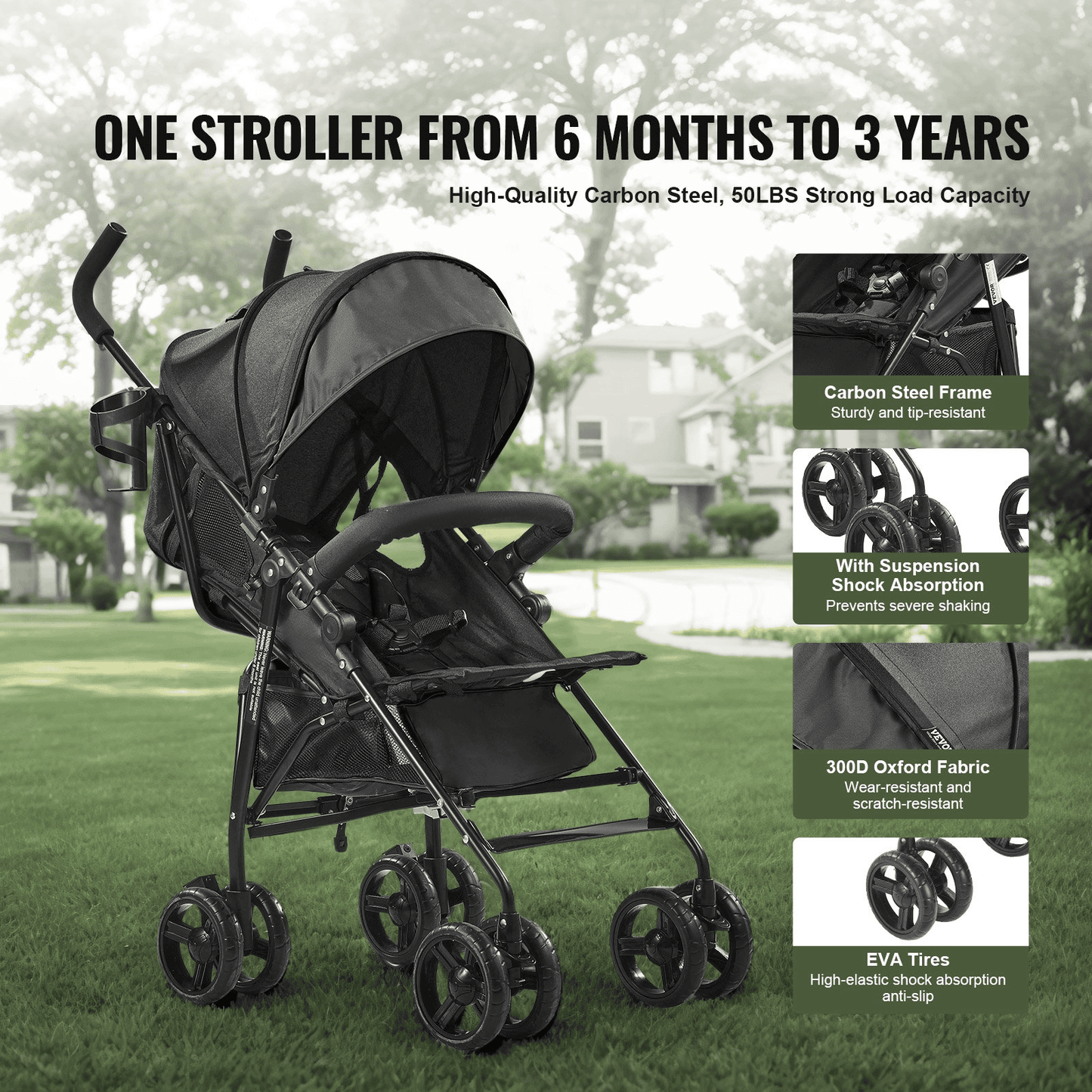 Lightweight Stroller Compact Easy Fold Adjustable Backrest Black Storage