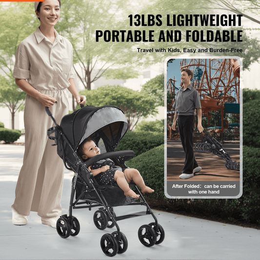 Lightweight Stroller Compact Easy Fold Adjustable Backrest Light Gray/Black