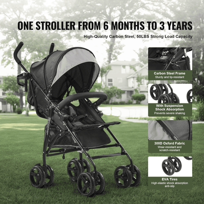 Lightweight Stroller Compact Easy Fold Adjustable Backrest Light Gray/Black