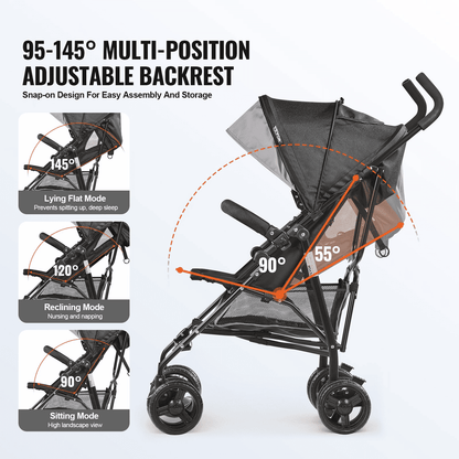 Lightweight Stroller Compact Easy Fold Adjustable Backrest Light Gray/Black