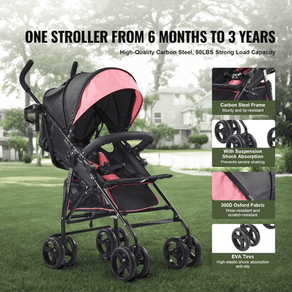 Lightweight Stroller Compact Easy Fold Adjustable Backrest Black/Pink