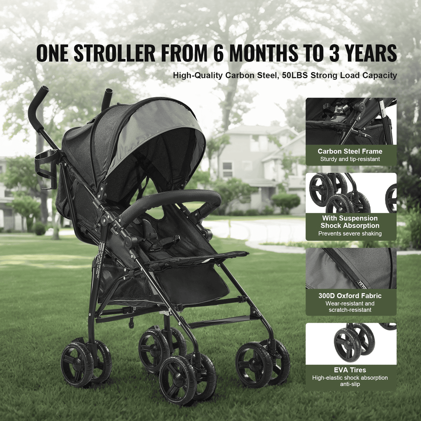 Lightweight Stroller Compact Easy Fold Adjustable Backrest Dark Gray/Black