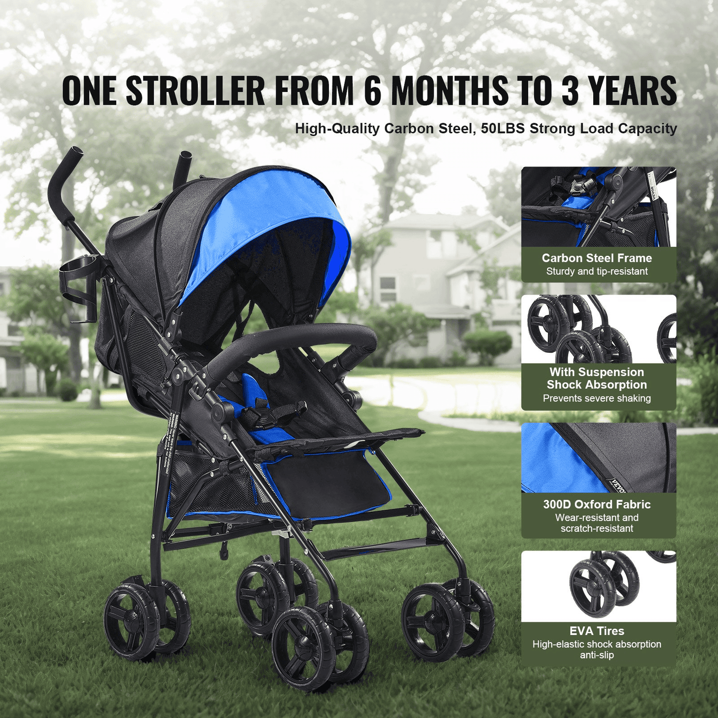 Lightweight Stroller Compact Easy Fold Adjustable Backrest Black/Blue