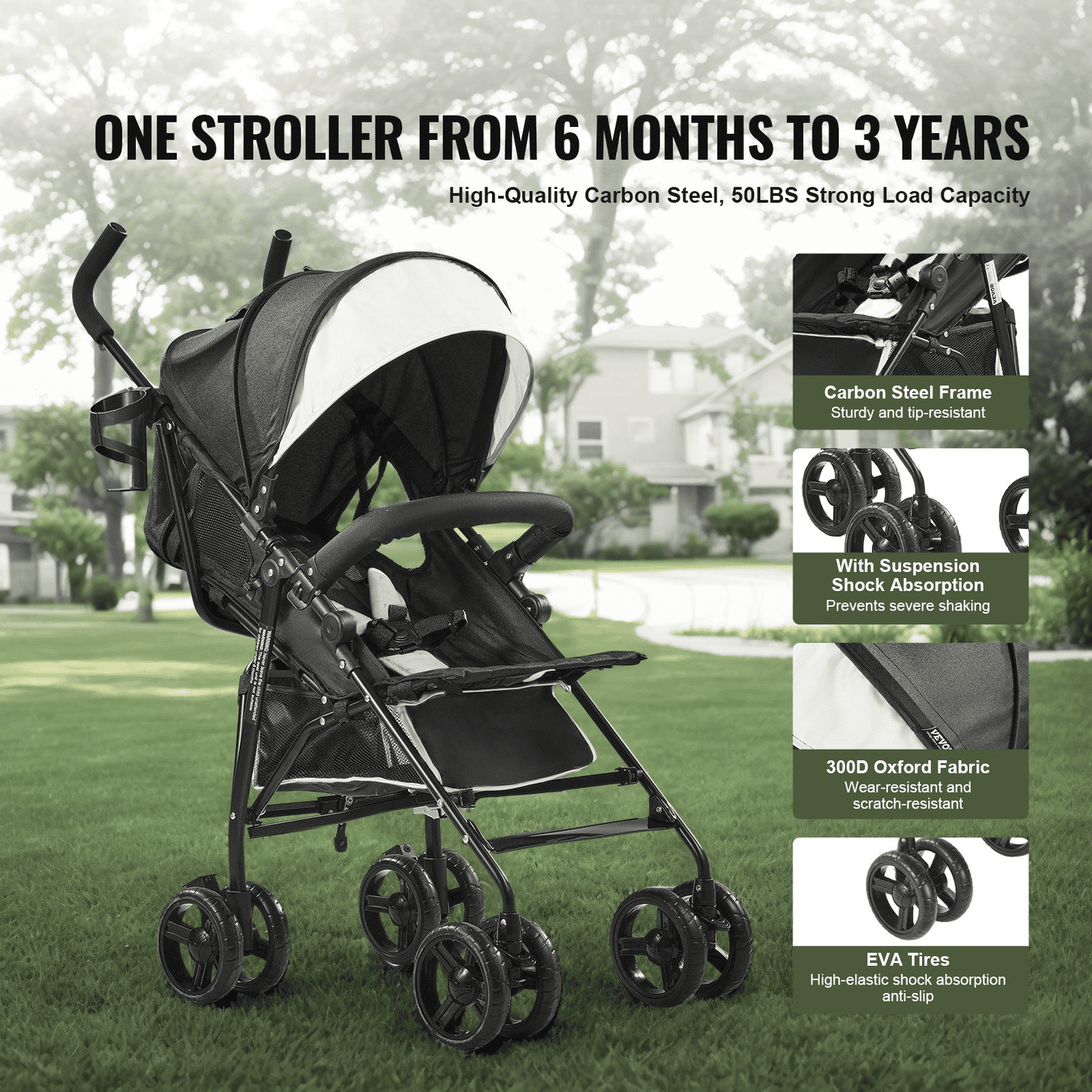 Lightweight Stroller Compact Easy Fold Adjustable Backrest Black/White